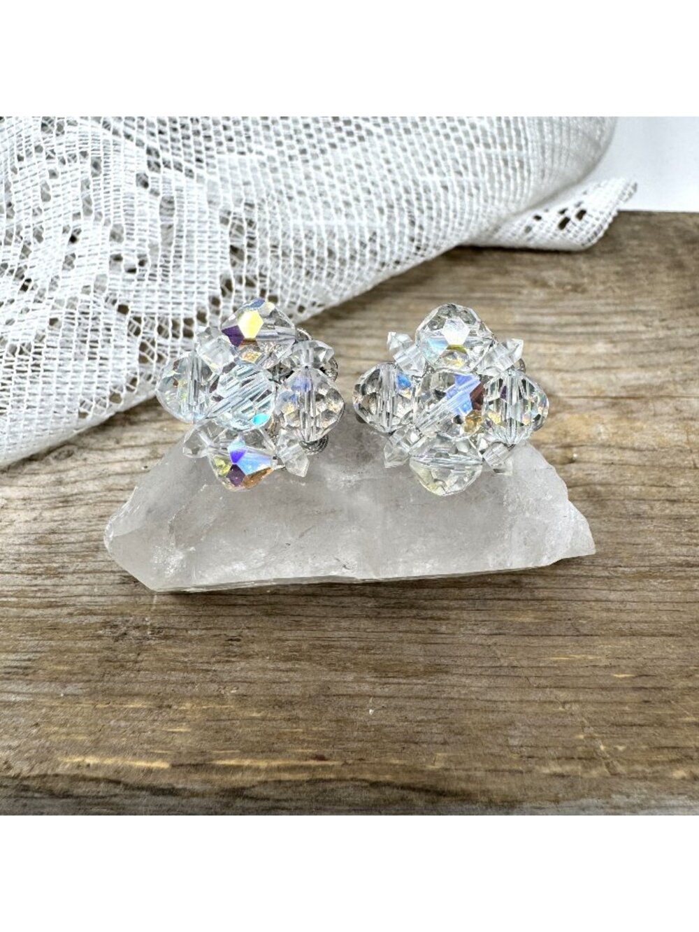 Vintage Laguna Crystal Aurora Borealis Clip-On Earrings Faceted Glass Beads Mid-